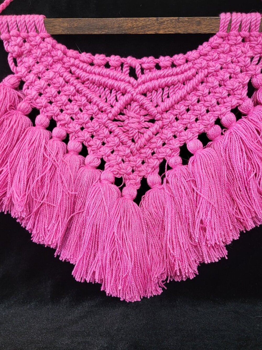 Handmade Pink Macramé Wall Hanging Boho Fiber Art Tassel Decor Barbie Pink 12”